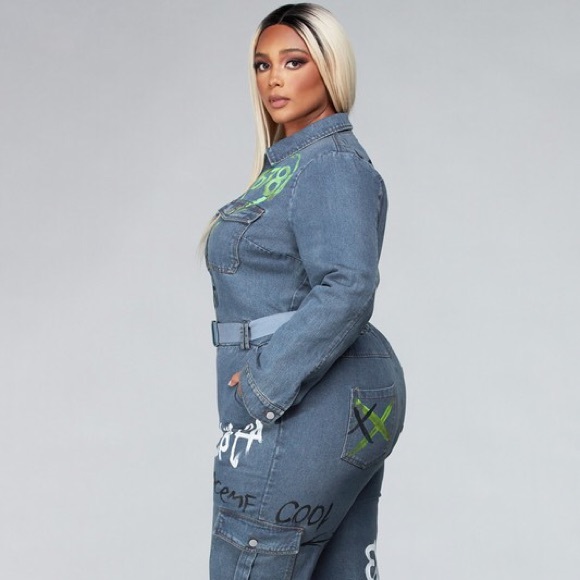 (Thick Denim) Lettered Art Denim Jumpsuit - Picture 4 of 7